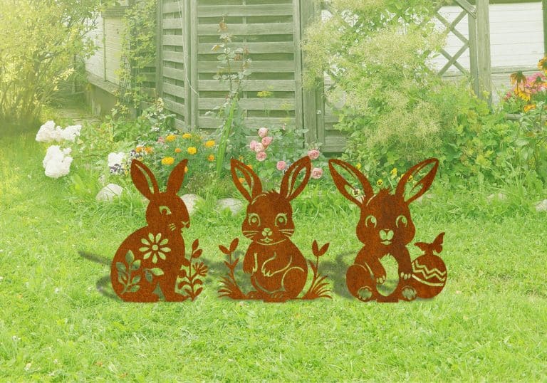 Décoration murale en corten : Trio de lapins décoratifs à piquer