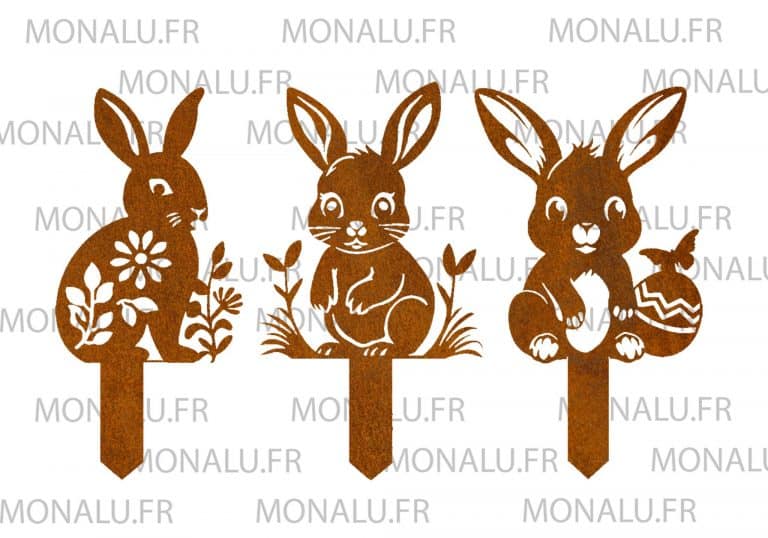 Décoration murale en corten : Trio de lapins décoratifs à piquer