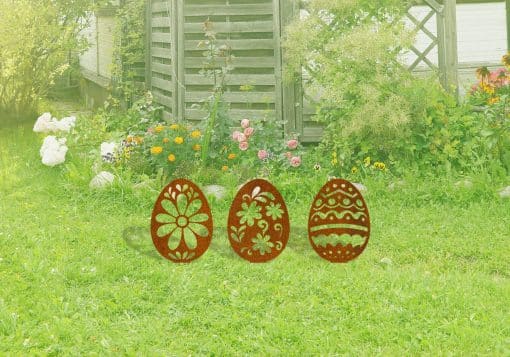 Décoration murale en corten : Trio d’œufs de Pâques décoratifs à piquer
