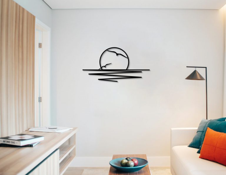 Décoration murale en métal : soleil couchant avec mouette