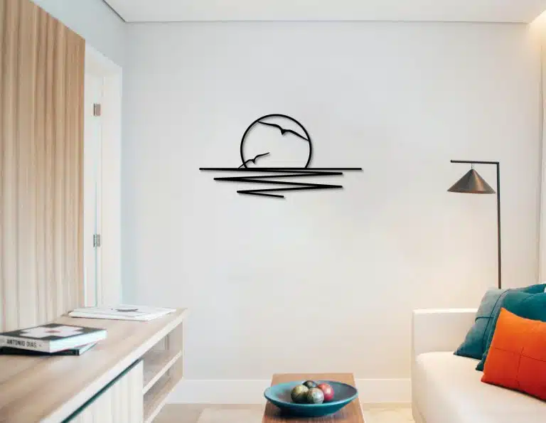 Décoration murale en métal : soleil couchant avec mouette
