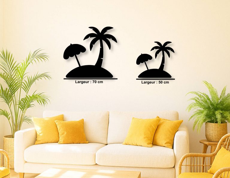Décoration murale en métal : Île palmier et parasol